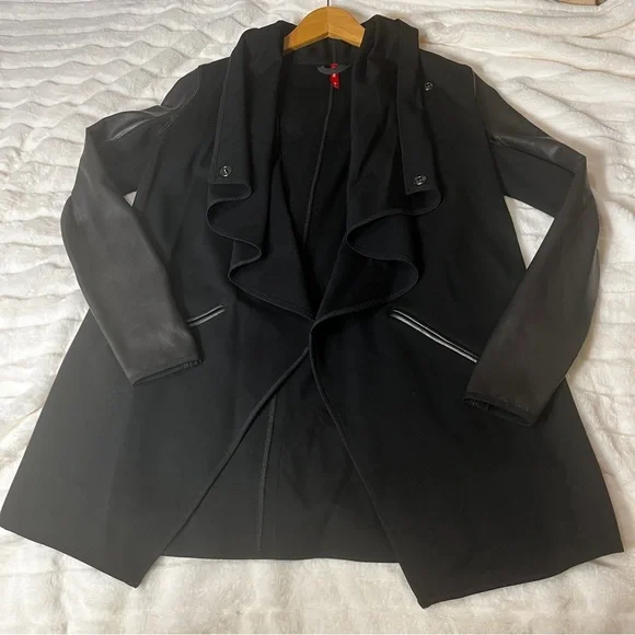 SPANX Black Faux Leather Drape Front Convertible Ponte Jacket SZ S